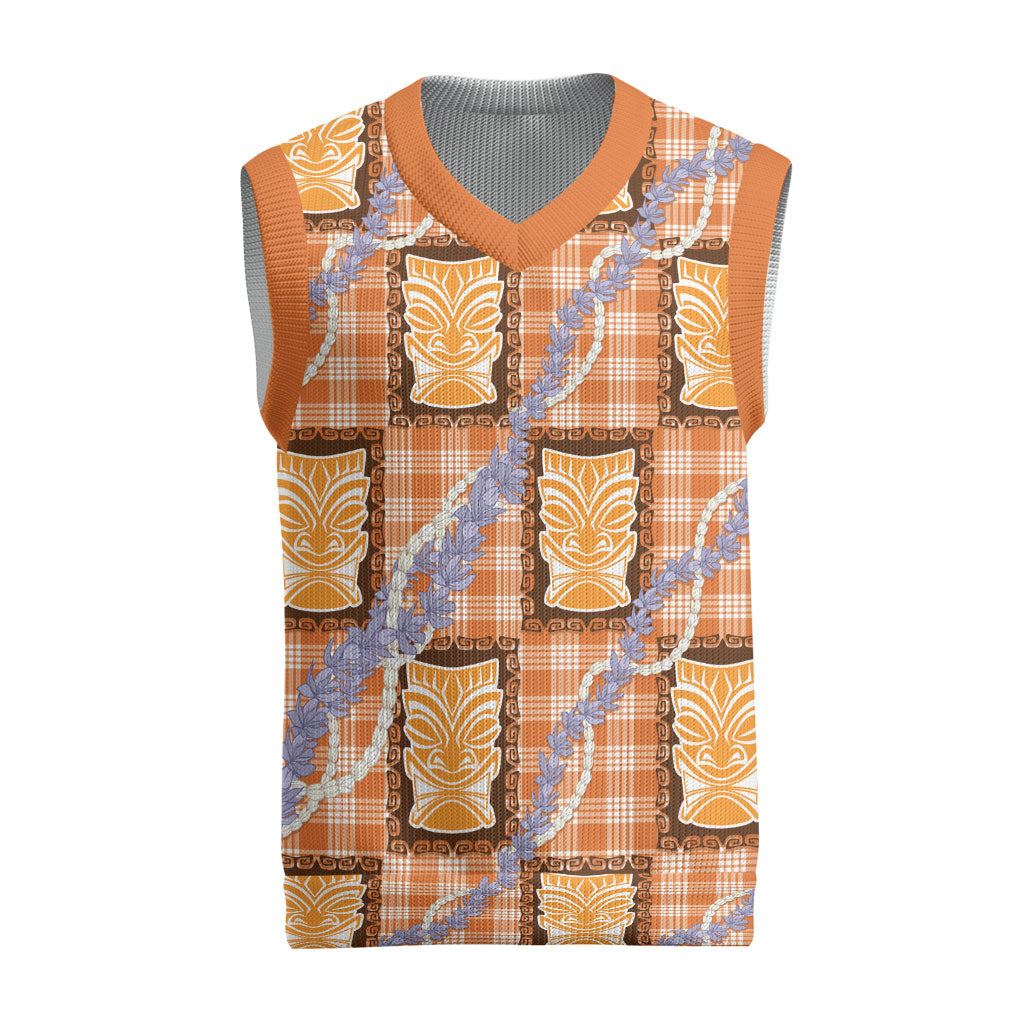 Aloha Hawaii Tiki Palaka Motifs Christmas Knitted V-Neck Vest Honohono Lei Orange Elegant Vibes LT14 Orange - Polynesian Pride
