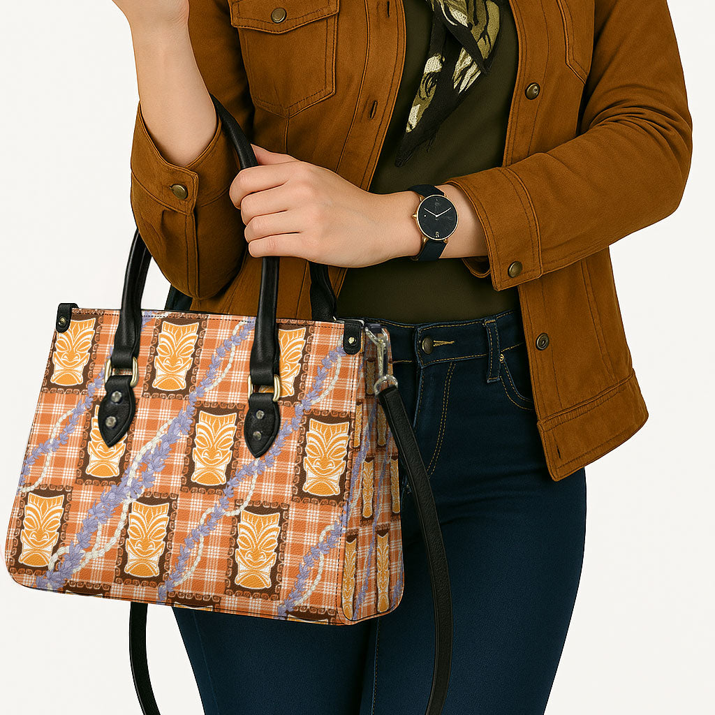 Aloha Hawaii Tiki Palaka Motifs Leather Bag Honohono Lei Orange Elegant Vibes LT14 - Polynesian Pride