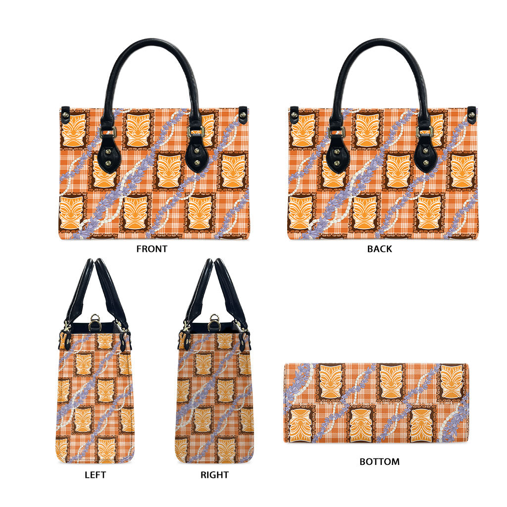 Aloha Hawaii Tiki Palaka Motifs Leather Bag Honohono Lei Orange Elegant Vibes LT14 - Polynesian Pride