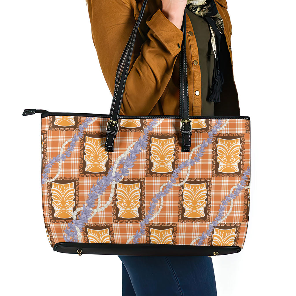 Aloha Hawaii Tiki Palaka Motifs Leather Tote Bag Honohono Lei Orange Elegant Vibes LT14 - Polynesian Pride