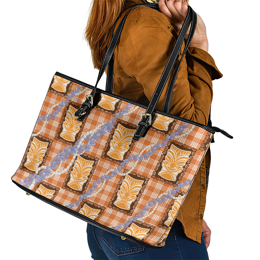 Aloha Hawaii Tiki Palaka Motifs Leather Tote Bag Honohono Lei Orange Elegant Vibes LT14 - Polynesian Pride