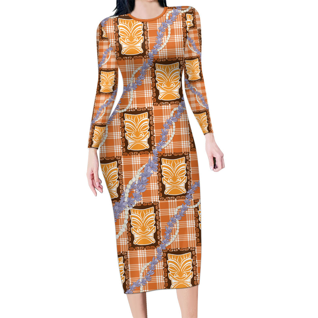Aloha Hawaii Tiki Palaka Motifs Long Sleeve Bodycon Dress Honohono Lei Orange Elegant Vibes