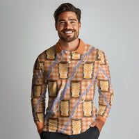 Aloha Hawaii Tiki Palaka Motifs Long Sleeve Polo Shirt Honohono Lei Orange Elegant Vibes