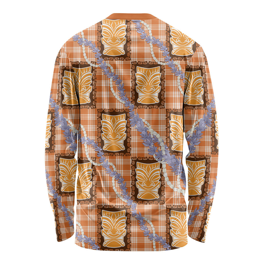 Aloha Hawaii Tiki Palaka Motifs Long Sleeve Shirt Honohono Lei Orange Elegant Vibes LT14 - Polynesian Pride