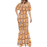 Aloha Hawaii Tiki Palaka Motifs Mermaid Dress Honohono Lei Orange Elegant Vibes
