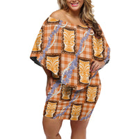 Aloha Hawaii Tiki Palaka Motifs Off Shoulder Short Dress Honohono Lei Orange Elegant Vibes LT14 Women Orange - Polynesian Pride