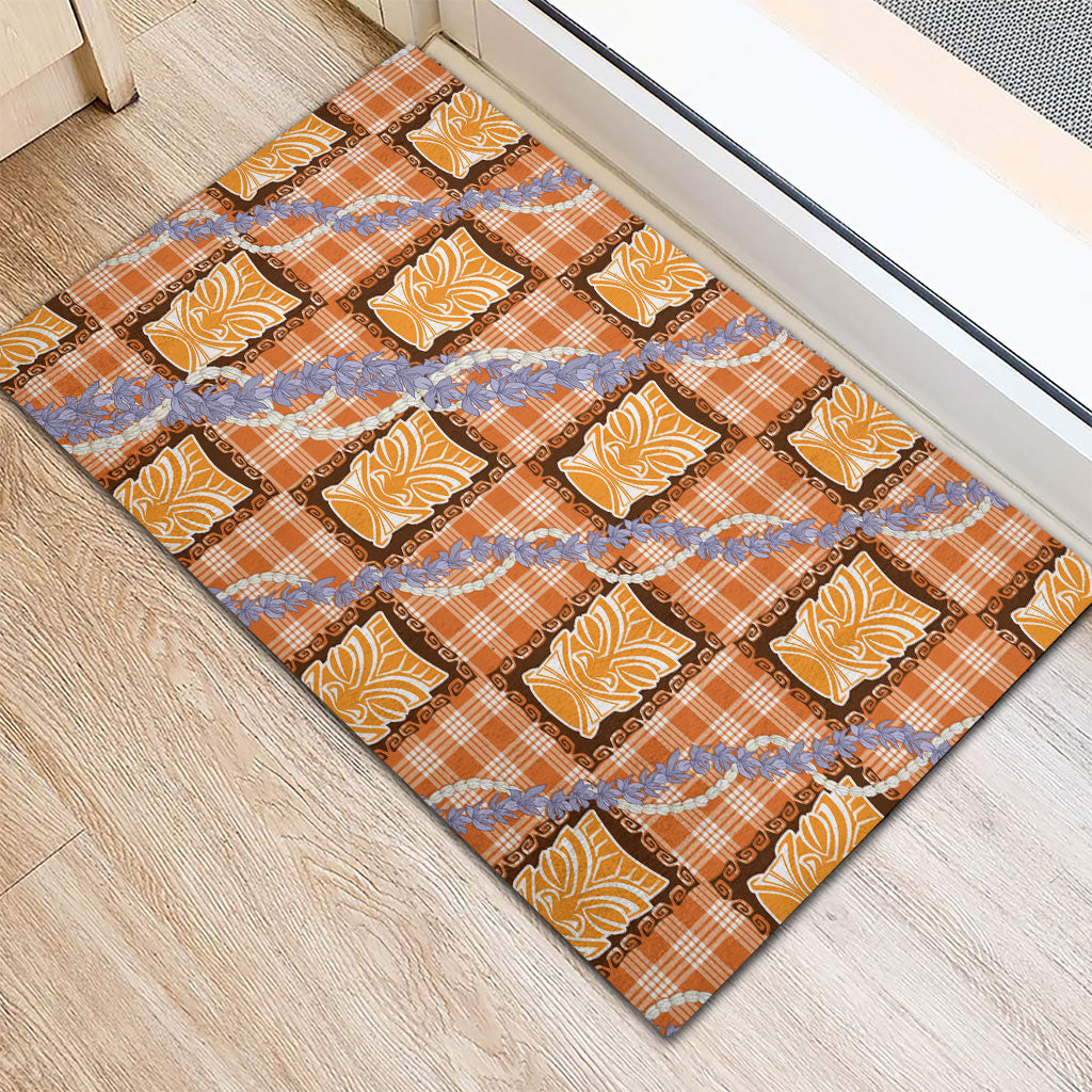 Aloha Hawaii Tiki Palaka Motifs Rubber Doormat Honohono Lei Orange Elegant Vibes LT14 - Polynesian Pride