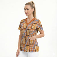 Aloha Hawaii Tiki Palaka Motifs Scrub Top Honohono Lei Orange Elegant Vibes LT14 - Polynesian Pride