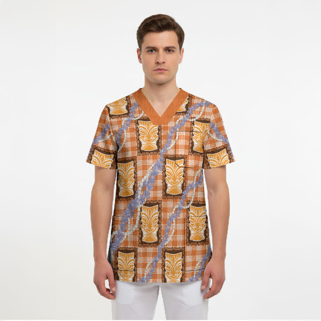 Aloha Hawaii Tiki Palaka Motifs Scrub Top Honohono Lei Orange Elegant Vibes LT14 - Polynesian Pride