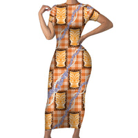 Aloha Hawaii Tiki Palaka Motifs Short Sleeve Bodycon Dress Honohono Lei Orange Elegant Vibes LT14 Long Dress Orange - Polynesian Pride