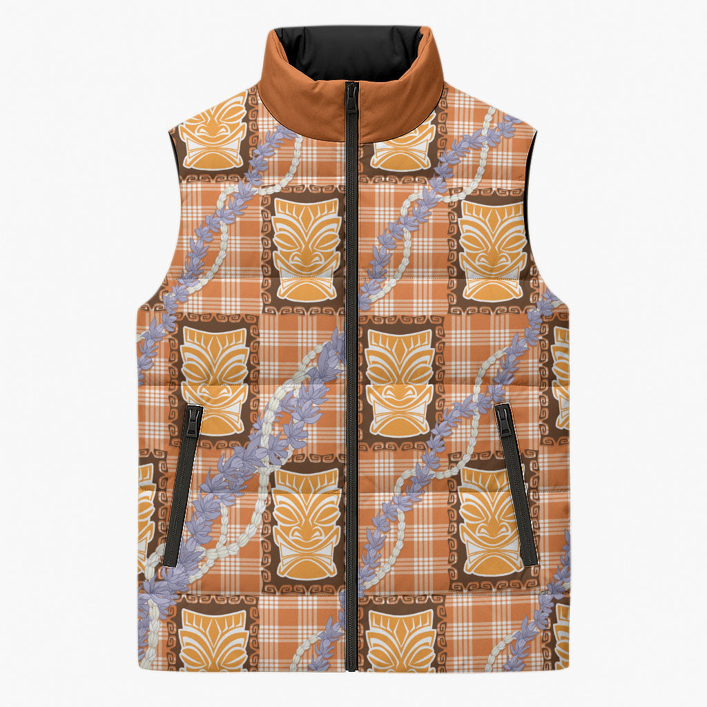 Aloha Hawaii Tiki Palaka Motifs Sleeveless Puffer Jacket Honohono Lei Orange Elegant Vibes LT14 Unisex Orange - Polynesian Pride