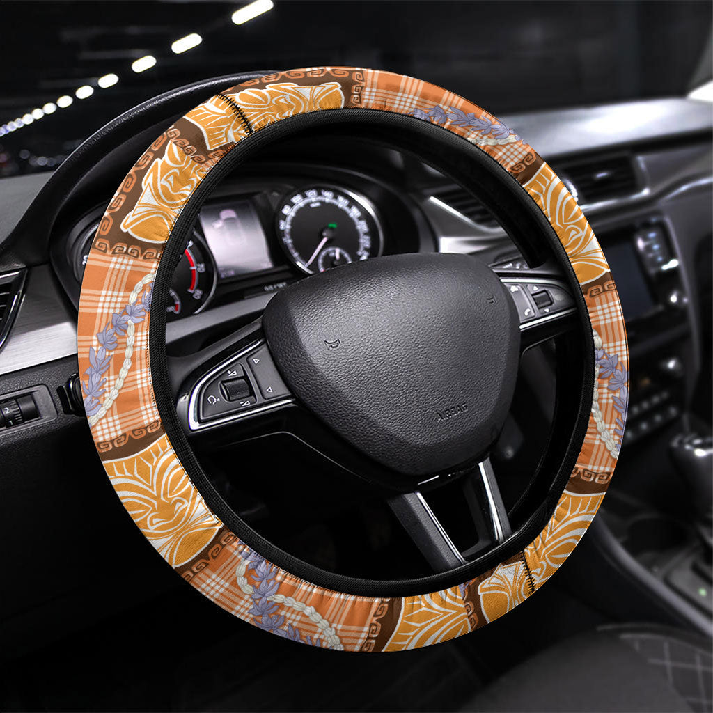 Aloha Hawaii Tiki Palaka Motifs Steering Wheel Cover Honohono Lei Orange Elegant Vibes LT14 Universal Fit Orange - Polynesian Pride