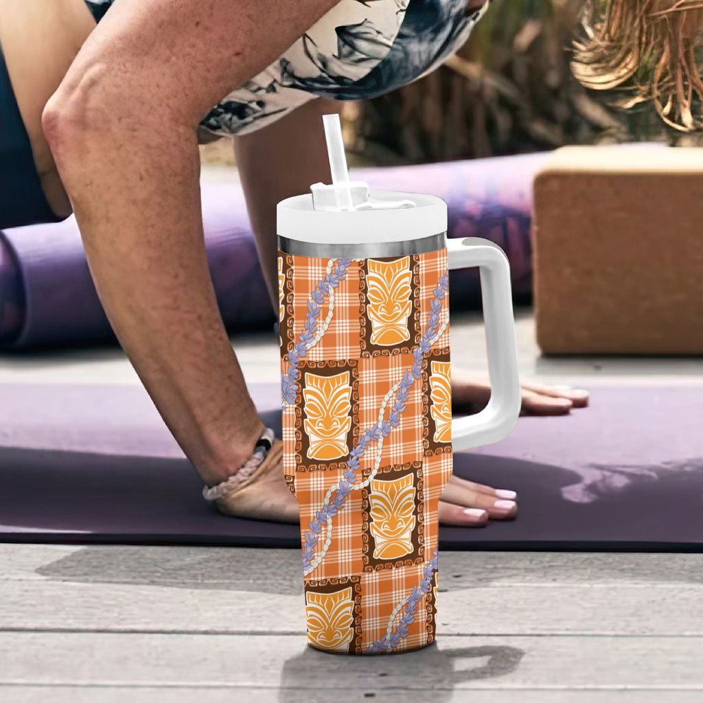 Aloha Hawaii Tiki Palaka Motifs Tumbler With Handle Honohono Lei Orange Elegant Vibes LT14 - Polynesian Pride