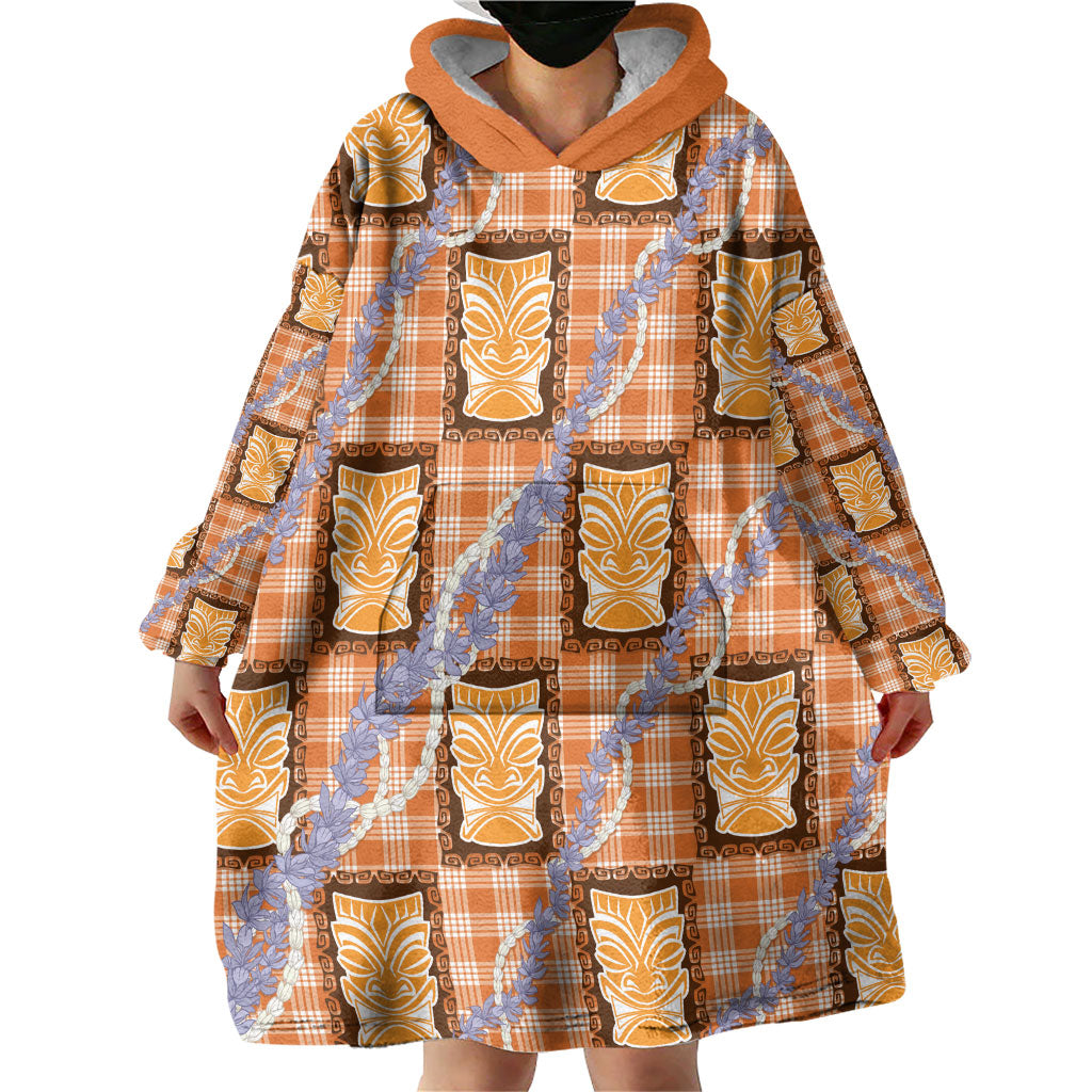 Aloha Hawaii Tiki Palaka Motifs Wearable Blanket Hoodie Honohono Lei Orange Elegant Vibes