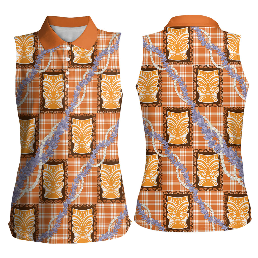 Aloha Hawaii Tiki Palaka Motifs Women Sleeveless Polo Shirt Honohono Lei Orange Elegant Vibes LT14 - Polynesian Pride