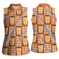 Aloha Hawaii Tiki Palaka Motifs Women Sleeveless Polo Shirt Honohono Lei Orange Elegant Vibes LT14 - Polynesian Pride