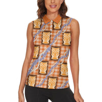 Aloha Hawaii Tiki Palaka Motifs Women Sleeveless Polo Shirt Honohono Lei Orange Elegant Vibes LT14 - Polynesian Pride