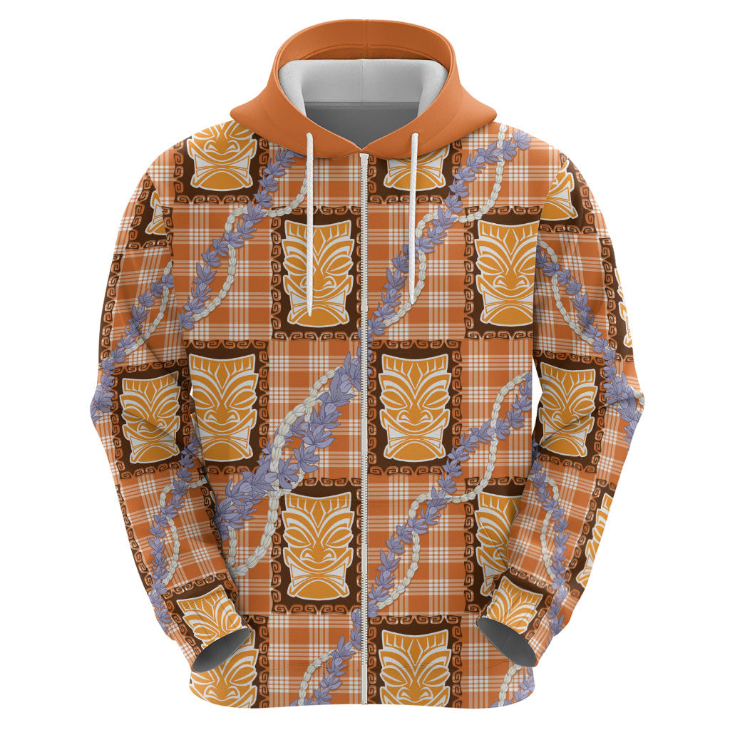 Aloha Hawaii Tiki Palaka Motifs Zip Hoodie Honohono Lei Orange Elegant Vibes