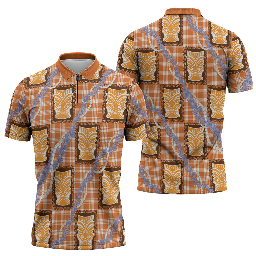 Aloha Hawaii Tiki Palaka Motifs Zipper Polo Shirt Honohono Lei Orange Elegant Vibes