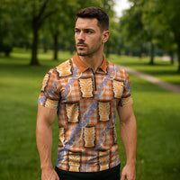 Aloha Hawaii Tiki Palaka Motifs Zipper Polo Shirt Honohono Lei Orange Elegant Vibes