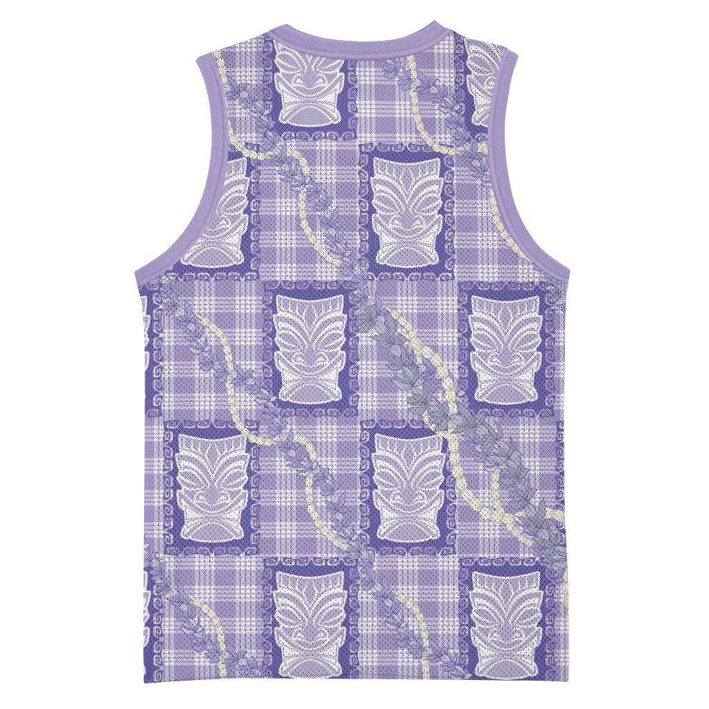 Aloha Hawaii Tiki Palaka Motifs Basketball Jersey Honohono Lei Purple Elegant Vibes