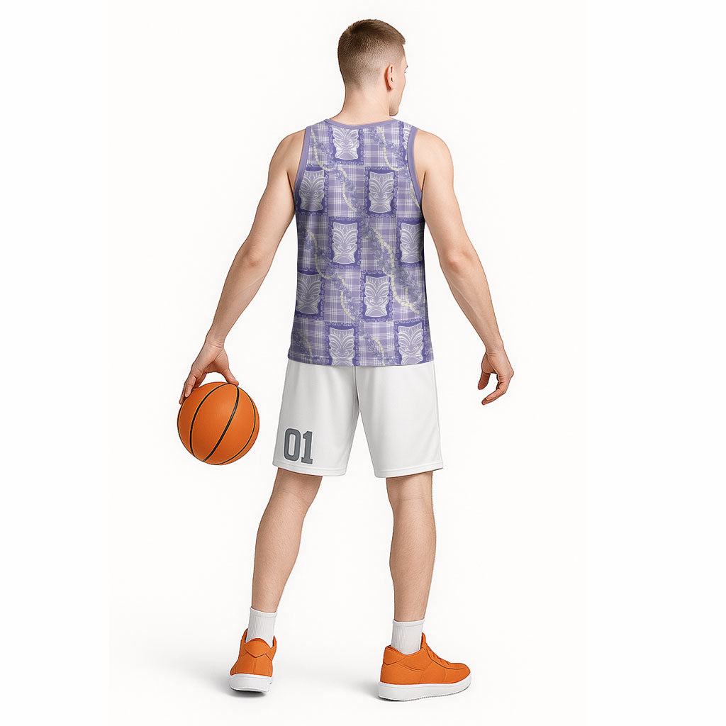 Aloha Hawaii Tiki Palaka Motifs Basketball Jersey Honohono Lei Purple Elegant Vibes