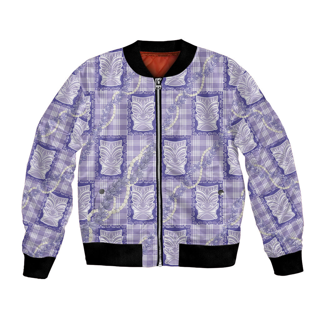 Aloha Hawaii Tiki Palaka Motifs Bomber Jacket Honohono Lei Purple Elegant Vibes