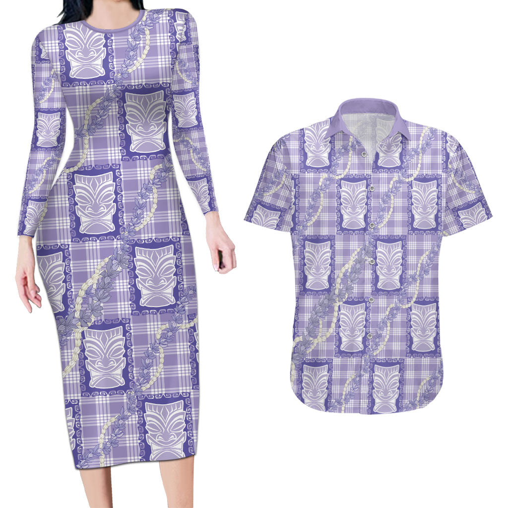 Aloha Hawaii Tiki Palaka Motifs Couples Matching Long Sleeve Bodycon Dress and Hawaiian Shirt Honohono Lei Purple Elegant Vibes