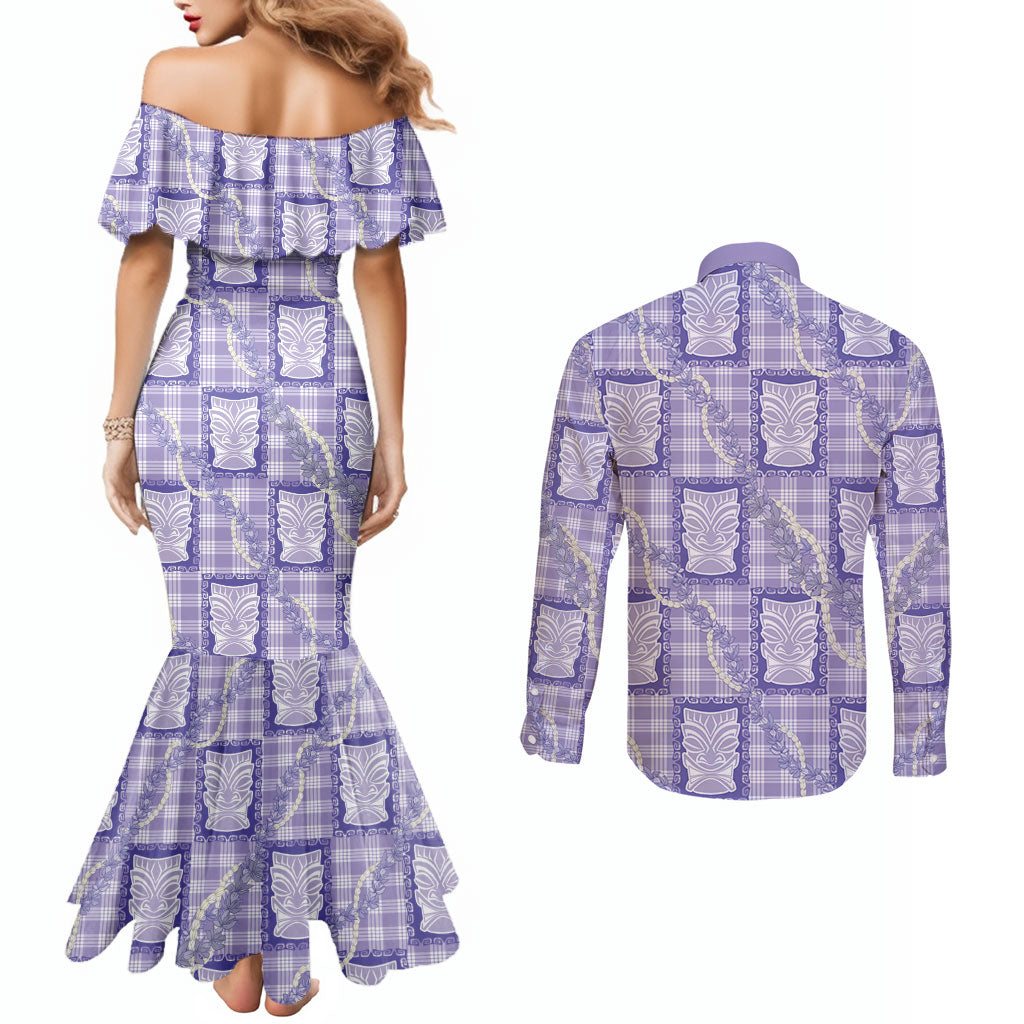 Aloha Hawaii Tiki Palaka Motifs Couples Matching Mermaid Dress and Long Sleeve Button Shirt Honohono Lei Purple Elegant Vibes LT14 - Polynesian Pride