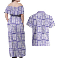 Aloha Hawaii Tiki Palaka Motifs Couples Matching Off Shoulder Maxi Dress and Hawaiian Shirt Honohono Lei Purple Elegant Vibes LT14 - Polynesian Pride