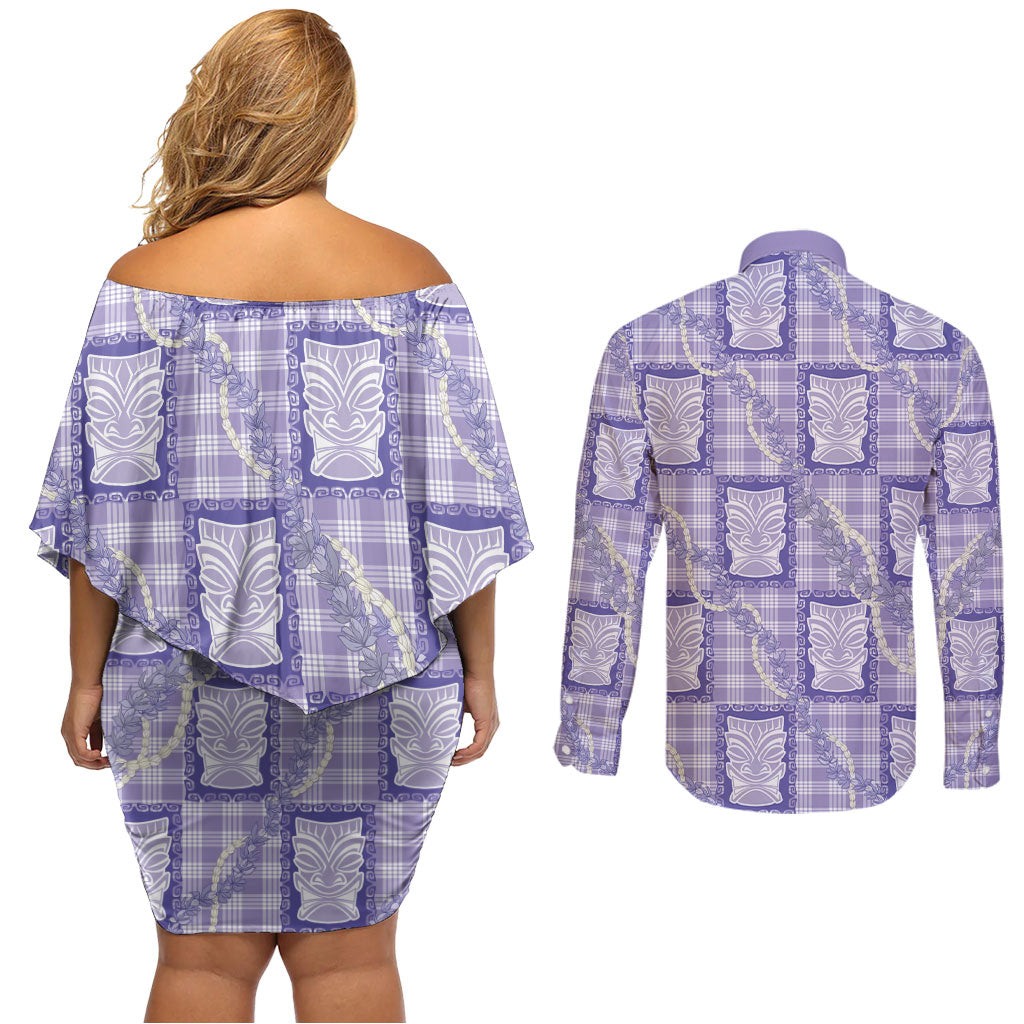 Aloha Hawaii Tiki Palaka Motifs Couples Matching Off Shoulder Short Dress and Long Sleeve Button Shirt Honohono Lei Purple Elegant Vibes LT14 - Polynesian Pride