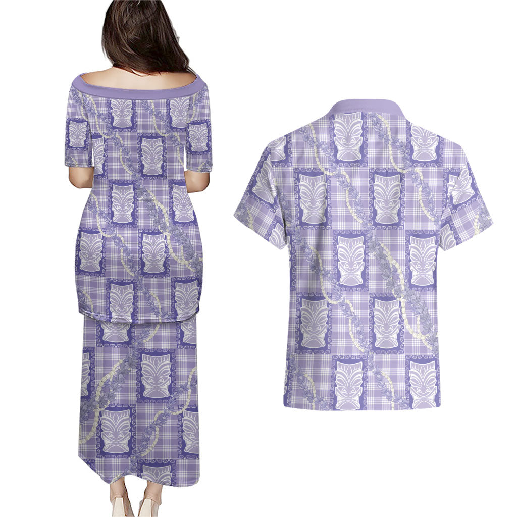 Aloha Hawaii Tiki Palaka Motifs Couples Matching Puletasi and Hawaiian Shirt Honohono Lei Purple Elegant Vibes LT14 - Polynesian Pride