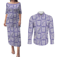 Aloha Hawaii Tiki Palaka Motifs Couples Matching Puletasi and Long Sleeve Button Shirt Honohono Lei Purple Elegant Vibes