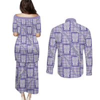 Aloha Hawaii Tiki Palaka Motifs Couples Matching Puletasi and Long Sleeve Button Shirt Honohono Lei Purple Elegant Vibes
