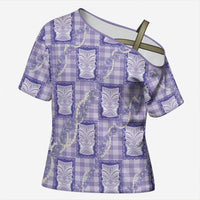 Aloha Hawaii Tiki Palaka Motifs Cross Shoulder Shirt Honohono Lei Purple Elegant Vibes