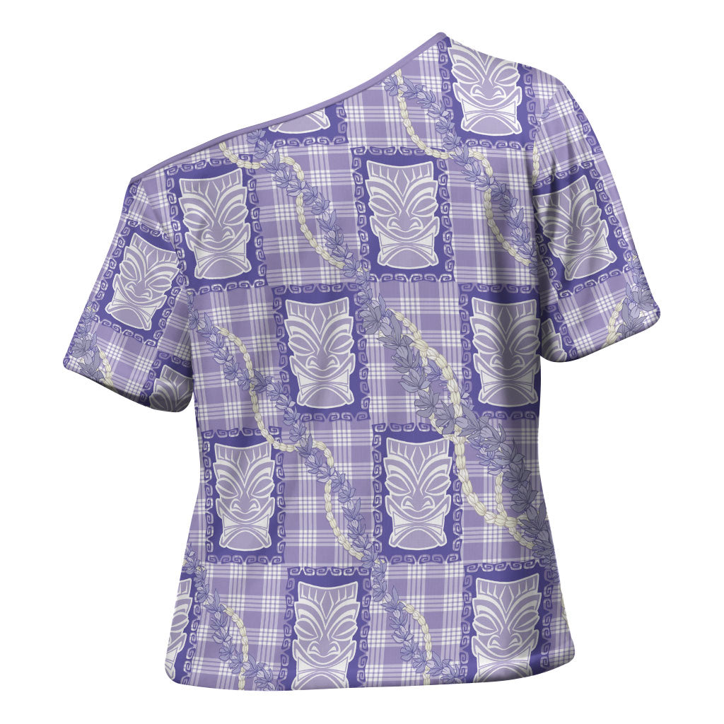 Aloha Hawaii Tiki Palaka Motifs Cross Shoulder Shirt Honohono Lei Purple Elegant Vibes