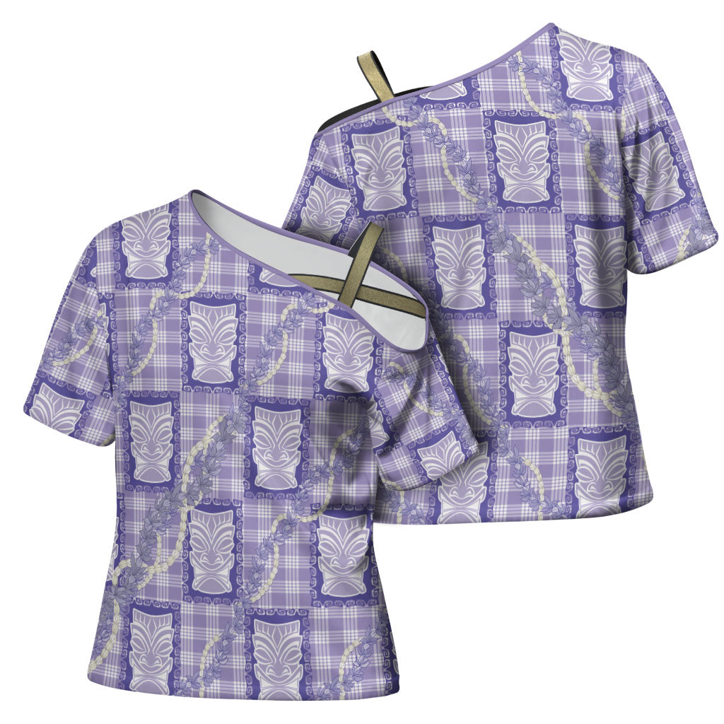 Aloha Hawaii Tiki Palaka Motifs Cross Shoulder Shirt Honohono Lei Purple Elegant Vibes