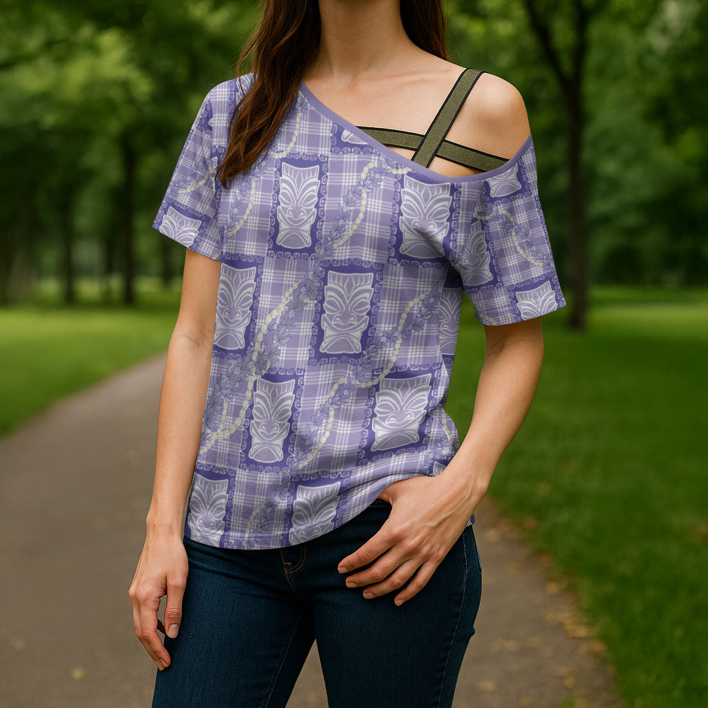 Aloha Hawaii Tiki Palaka Motifs Cross Shoulder Shirt Honohono Lei Purple Elegant Vibes