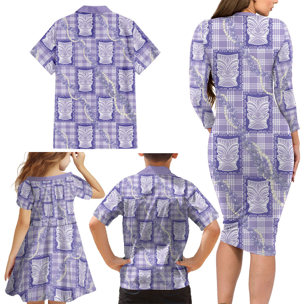 Aloha Hawaii Tiki Palaka Motifs Family Matching Long Sleeve Bodycon Dress and Hawaiian Shirt Honohono Lei Purple Elegant Vibes LT14 - Polynesian Pride