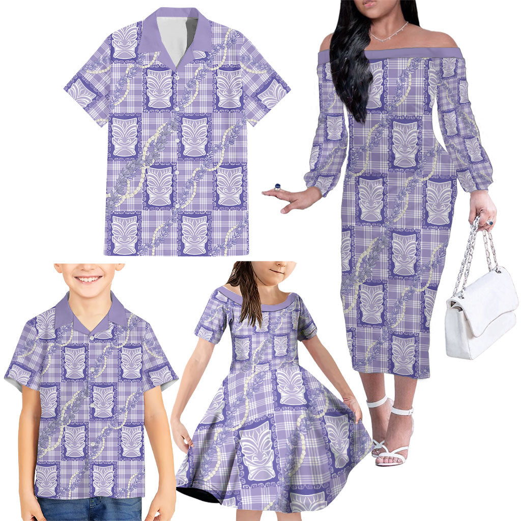 Aloha Hawaii Tiki Palaka Motifs Family Matching Off The Shoulder Long Sleeve Dress and Hawaiian Shirt Honohono Lei Purple Elegant Vibes LT14 - Polynesian Pride