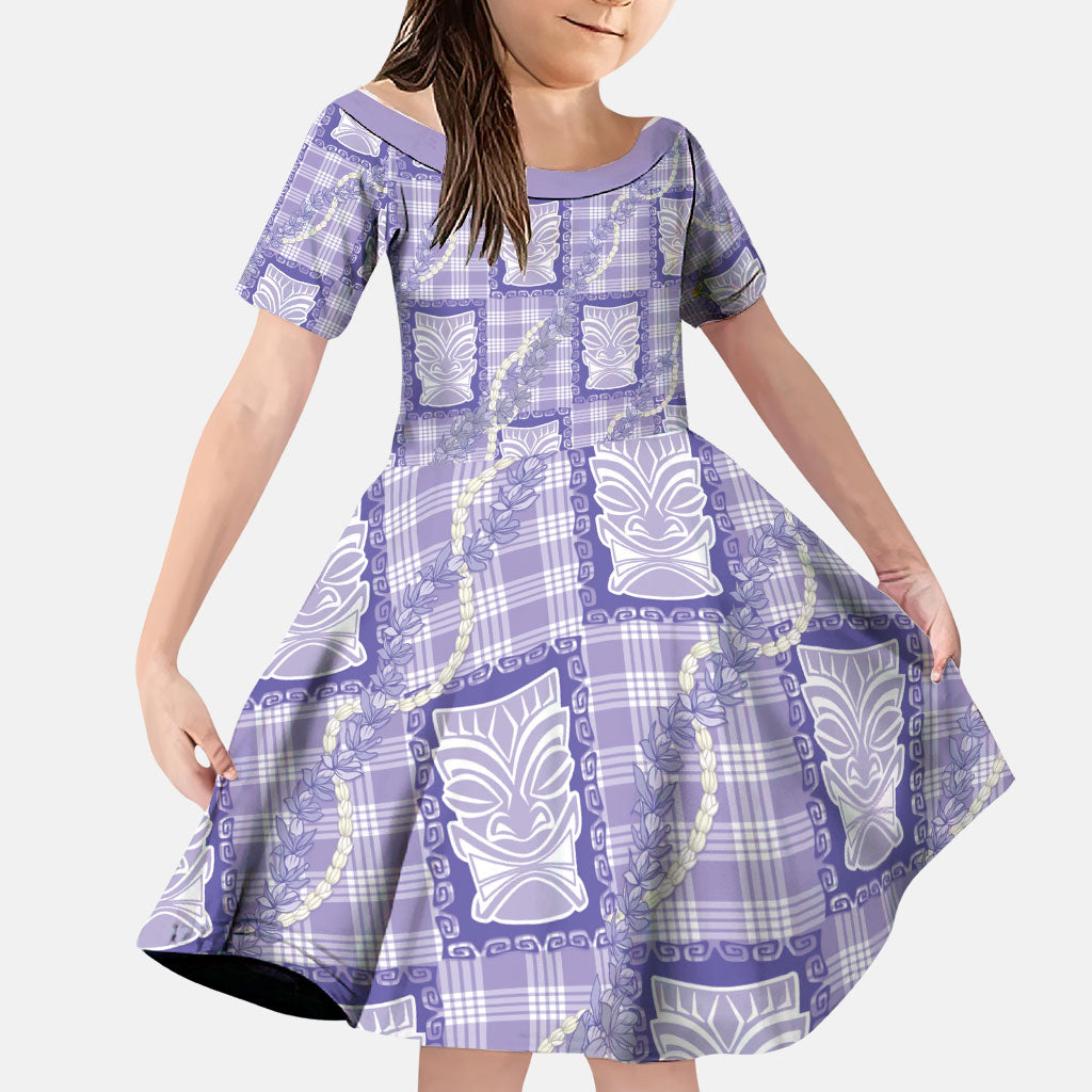 Aloha Hawaii Tiki Palaka Motifs Family Matching Off Shoulder Maxi Dress and Hawaiian Shirt Honohono Lei Purple Elegant Vibes LT14 Daughter's Dress Purple - Polynesian Pride