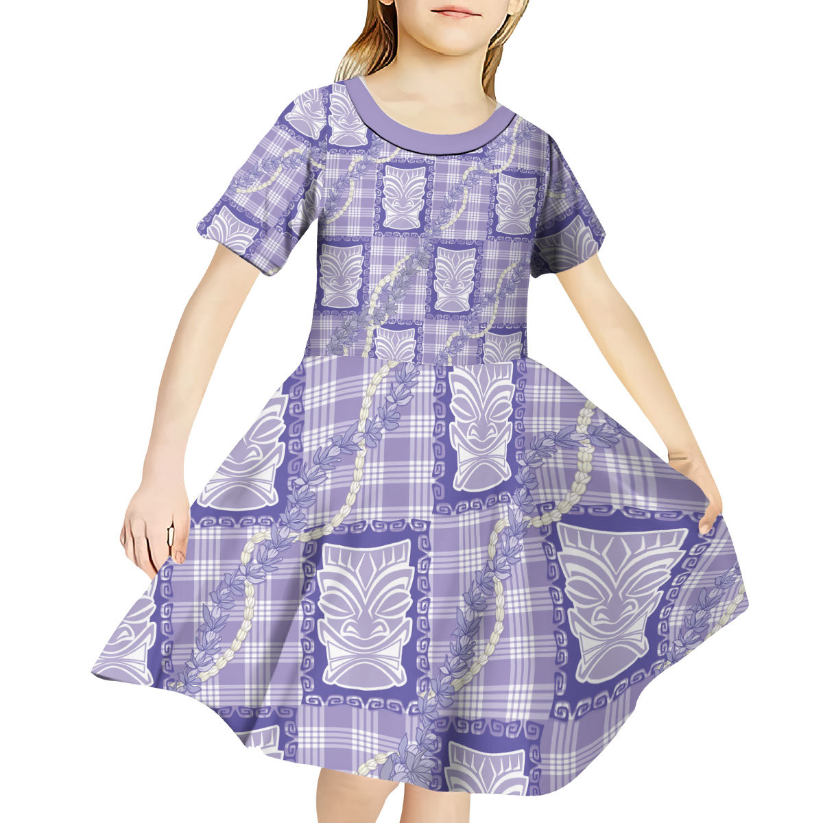 Aloha Hawaii Tiki Palaka Motifs Kid Short Sleeve Dress Honohono Lei Purple Elegant Vibes