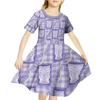 Aloha Hawaii Tiki Palaka Motifs Kid Short Sleeve Dress Honohono Lei Purple Elegant Vibes