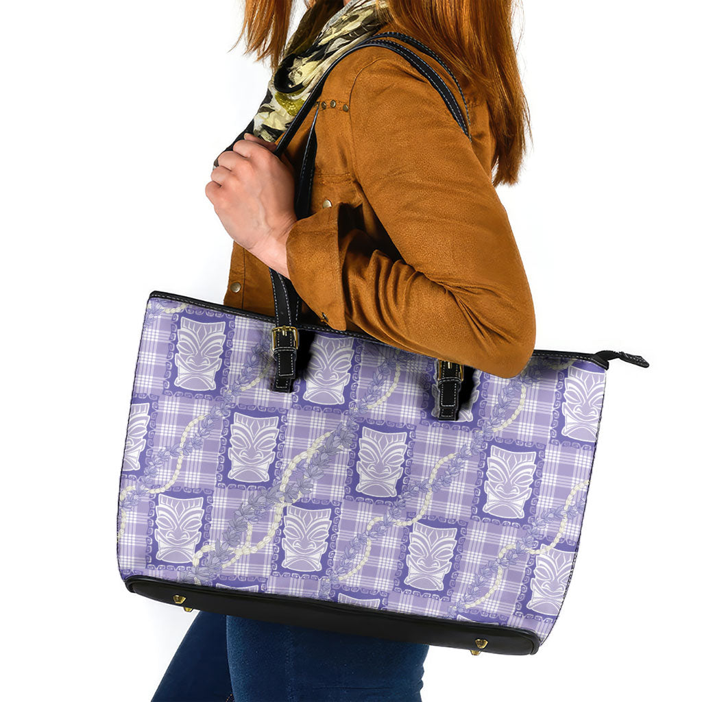 Aloha Hawaii Tiki Palaka Motifs Leather Tote Bag Honohono Lei Purple Elegant Vibes LT14 Purple - Polynesian Pride