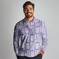 Aloha Hawaii Tiki Palaka Motifs Long Sleeve Polo Shirt Honohono Lei Purple Elegant Vibes