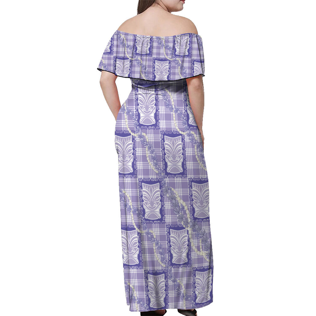 Aloha Hawaii Tiki Palaka Motifs Off Shoulder Maxi Dress Honohono Lei Purple Elegant Vibes