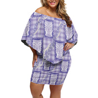 Aloha Hawaii Tiki Palaka Motifs Off Shoulder Short Dress Honohono Lei Purple Elegant Vibes