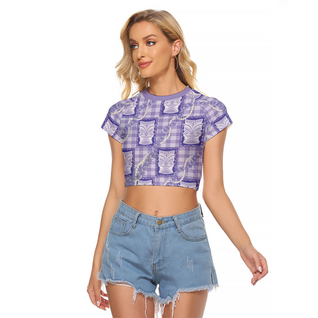 Aloha Hawaii Tiki Palaka Motifs Raglan Cropped T Shirt Honohono Lei Purple Elegant Vibes