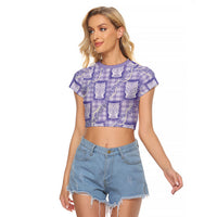 Aloha Hawaii Tiki Palaka Motifs Raglan Cropped T Shirt Honohono Lei Purple Elegant Vibes