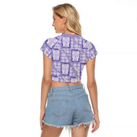 Aloha Hawaii Tiki Palaka Motifs Raglan Cropped T Shirt Honohono Lei Purple Elegant Vibes